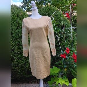 Linen Beige dress with beeded sleeve -- New, size 8